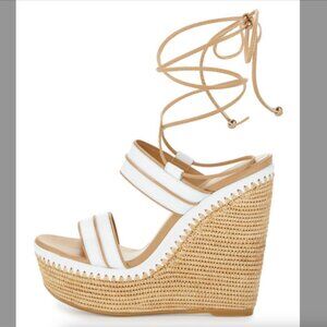 Stuart Weitzman Abandon Leather Ankle-Wrap Wedge Sandal, White/Tan, Size…